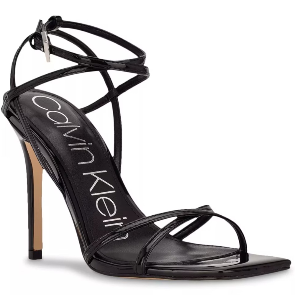 Calvin Klein Glossy Black Strappy Heels Size 7.5 - Picture 1 of 4